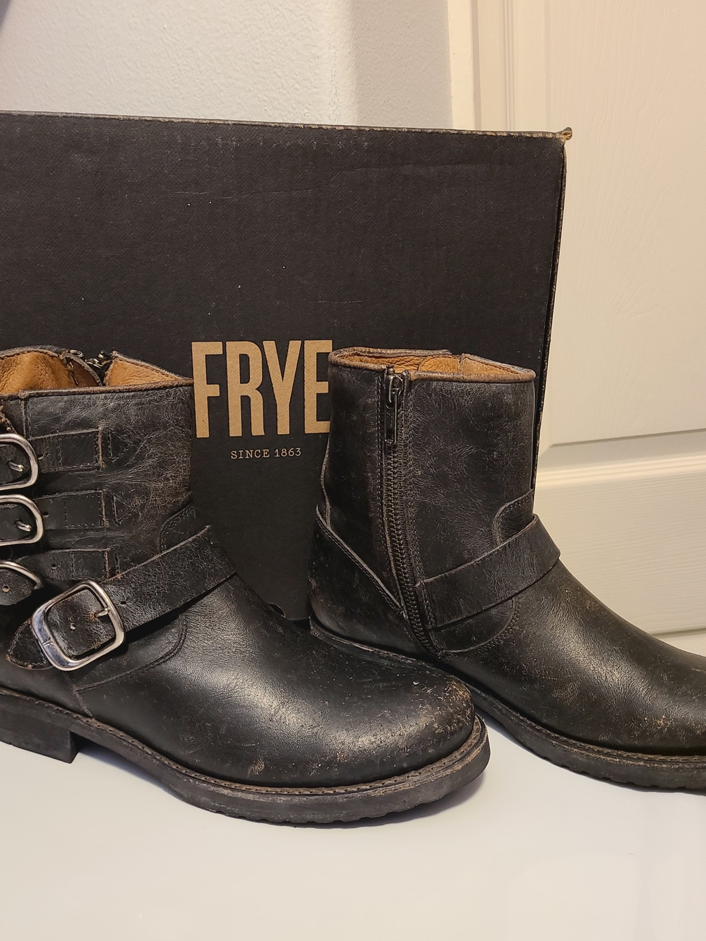 Frye Distressed Black Leather Women’s Buckle Zip Moto Boots